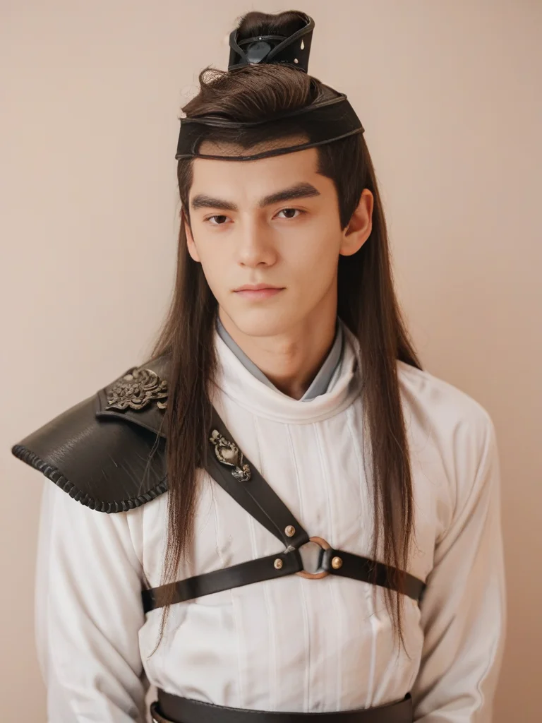 score_9, score_8_up, score_7_up, score_6_up, score_5_up, score_4_up, 1boy, portrait, male focus, yulexuanblk, straigth on, looking at viewer, bangs, topknot, hair bun, simple background, hanfu, long hair, brown hair, hair ornament, vambraces, leather strap, leather belt, pauldrons, toned, <lora:yulexuanblkponyv2:0.75>