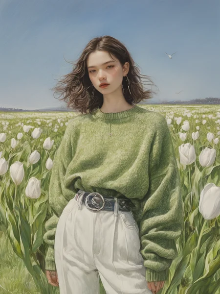 A young person with shoulder-length hair,wearing a light green sweater and white pants. They are standing in a field of white tulips,with the wind blowing through their hair,looking calm and composed against a clear blue sky,
ddpapa,<lora:Detail_Adamov_V1:0.7>,, masterpiece, best quality,