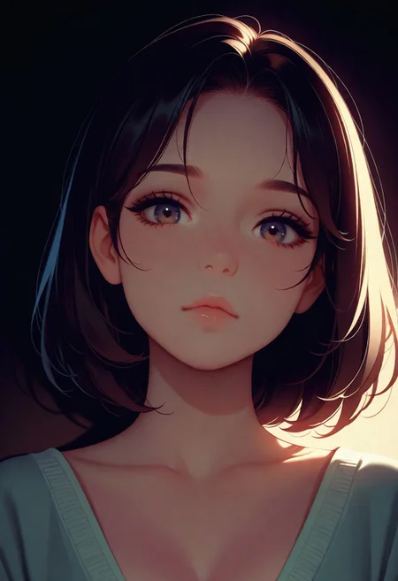 masterpiece, best quality, amazing quality, very aesthetic, flat colors, (artist:Tsuaii:1),
1girl, close up portrait, looking at viewer,
Dark lighting, shadow, light,