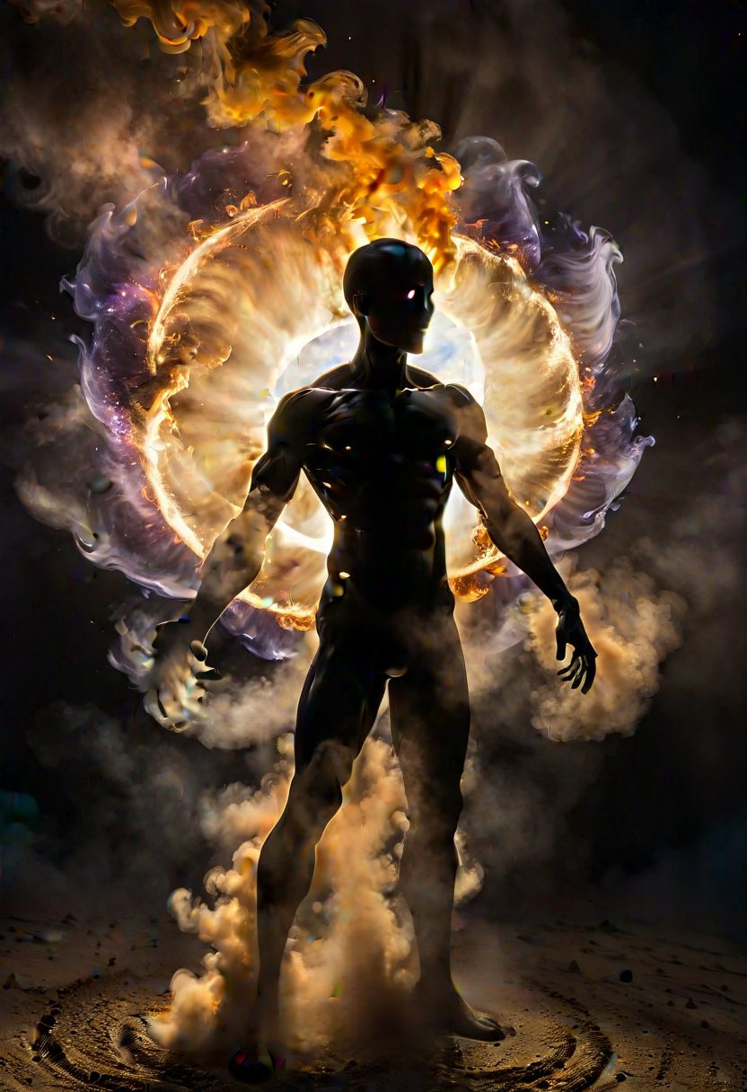 evoKevWalker, dark silhouette of a eclipse against the abstract background of light,(full body:1.1), dark theme, shadow and soft light around, subsurface scattering, soft light, intricate details, natural texture, amazing play of light and shadow, 8K, hyperdetailed, colorful background, triadic, swirling smoke, mtg, art by kev walker