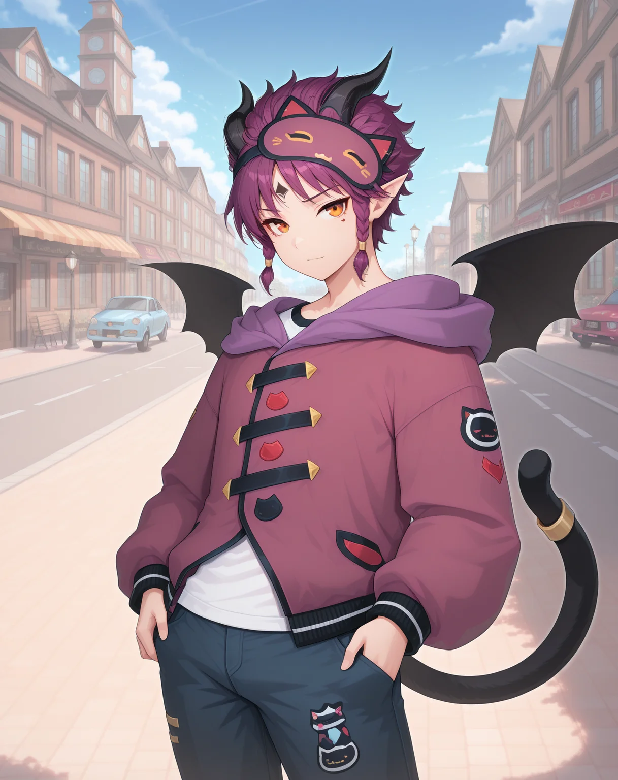 masterpiece,best quality,amazing quality, newest, very aesthetic, absurdres,
1boy, solo, yaoi, male focus, looking at viewer, cowboy shot, standing,
<lora:Veigas_Dream_Cat_ilxl:1> veigasdreamcat, demon tail, purple hair,pointy ears, demon horns, black wings, short hair, orange eyes, demon wings, bat wings, black horns, sidelocks, cat tail, forehead mark,
white shirt, jeans, sneakers,
outdoors, day, blue sky, building, street, road, lamppost, car,