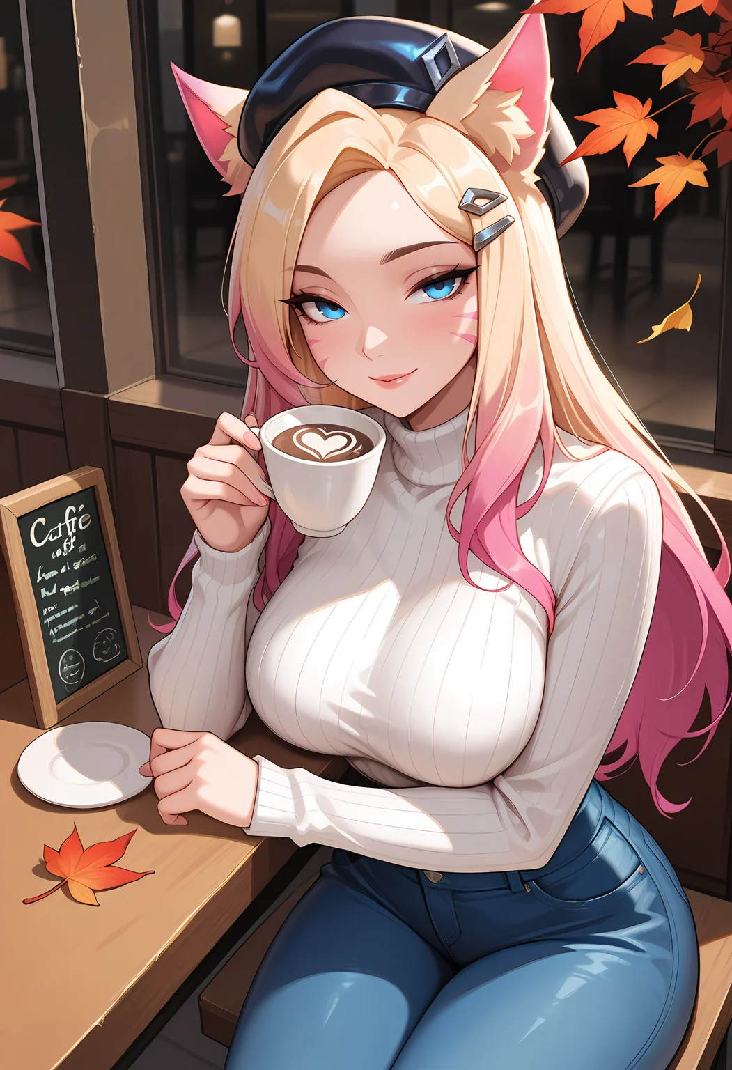 1girl, solo, black beret, turtleneck sweater, jeans, autumn leaves, cowboy shot, seductive smile, paris, cafe, small street, sitting outside table cafe, drinking coffee, <lora:ahrialloutIL:0.5>, ahrikdaallout, k/da (league of legends), large breasts, blue eyes, animal ears, whisker markings, hair ornament, hairclip, blonde hair, pink hair, masterpiece, best quality, amazing quality,