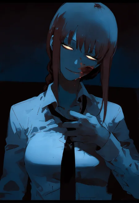(by j.k.:1.1), by kukka, by keihh,  (cinematic:1.3), blue filter, photorealistic, letterboxed, 
1girl,  makima \(chainsaw man\), head tilt, smeared blood, blood on face, hand on own face, blood theme, violent theme, half-closed eyes, bored, glowing eyes, loose necktie, light smile, yandere, maniac, adjusting necktie, 
dark theme, black theme,
masterpiece, best quality, amazing quality, very aesthetic,
<lora:nhl-004:0.75> nhl-004, <lora:nhl-001-20:0.33> nhl-001,