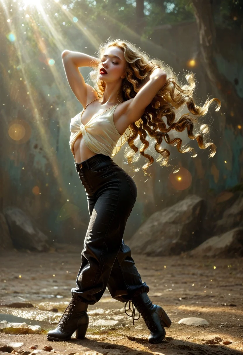 sexy dancing 24yr old girl, suggestive dance, (arched back, hands over head:1.4), flirty expression, artistic textured background, haloed lighting, bokeh (shortstack:0.6), light flare, score_9, score_8_up, score_7_up, solo, sexy girl,
(long blond hair, wavy hair, hair flying:1.4), lowleg, lowleg_pants, pale skin, perky breasts, medium breasts, natural breasts, bright lipstick, teasing, sultry, parted lips, seductive look, cleavage,  (erect nipples, puffy nipples:0.9), perfecteyes, beautiful legs, full hips, low black boots,
1dk, D4NC3RS, cowboy shot