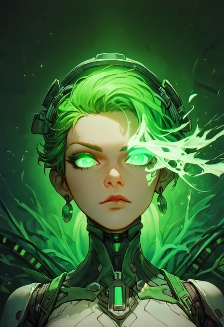 score_9, score_8_up, score_7_up, score_6_up, 1girl, solo,1girl, glowing eyes, green theme, tube in head, cables, neon, science fiction, circuit board background, easynegative, Expressiveh, shodan, (green) flaming eye, (green) eye trail