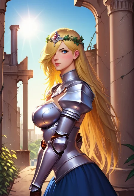 Beauty young clean face, side view, Highly detailed, looking at viewer, from the front 1 girl, illustration, Skinny, masterpiece quality, best quality, realistic drawing, anime style by Sam Yang,
Sharp, highly detailed 2D illustration,
Hyperrealism, soft light, sharp features.
Character Details: very long blonde hair, hair over one eye, big natural breasts,
knight, silver plate armor, armored dress, juliet sleeves, blue skirt, ruffled skirt, silver circlet, belts, BREAK
standing, facing viewer, looking at viewer, indifferent expression,
BREAK
Dynamic action pose, ((fully clothed))
Background: (detailed background, day, sunlight, white light, shadow, outside, castle, ruins, columns, ivy, volumetric lighting,:1.9)
score_9, score_8_up, score_7_up, score_6_up, source_cartoon, rating_explicit, Expressive, (((((upper body))))), dynamic pose
https://civitai.com/user/lllATATEJlb