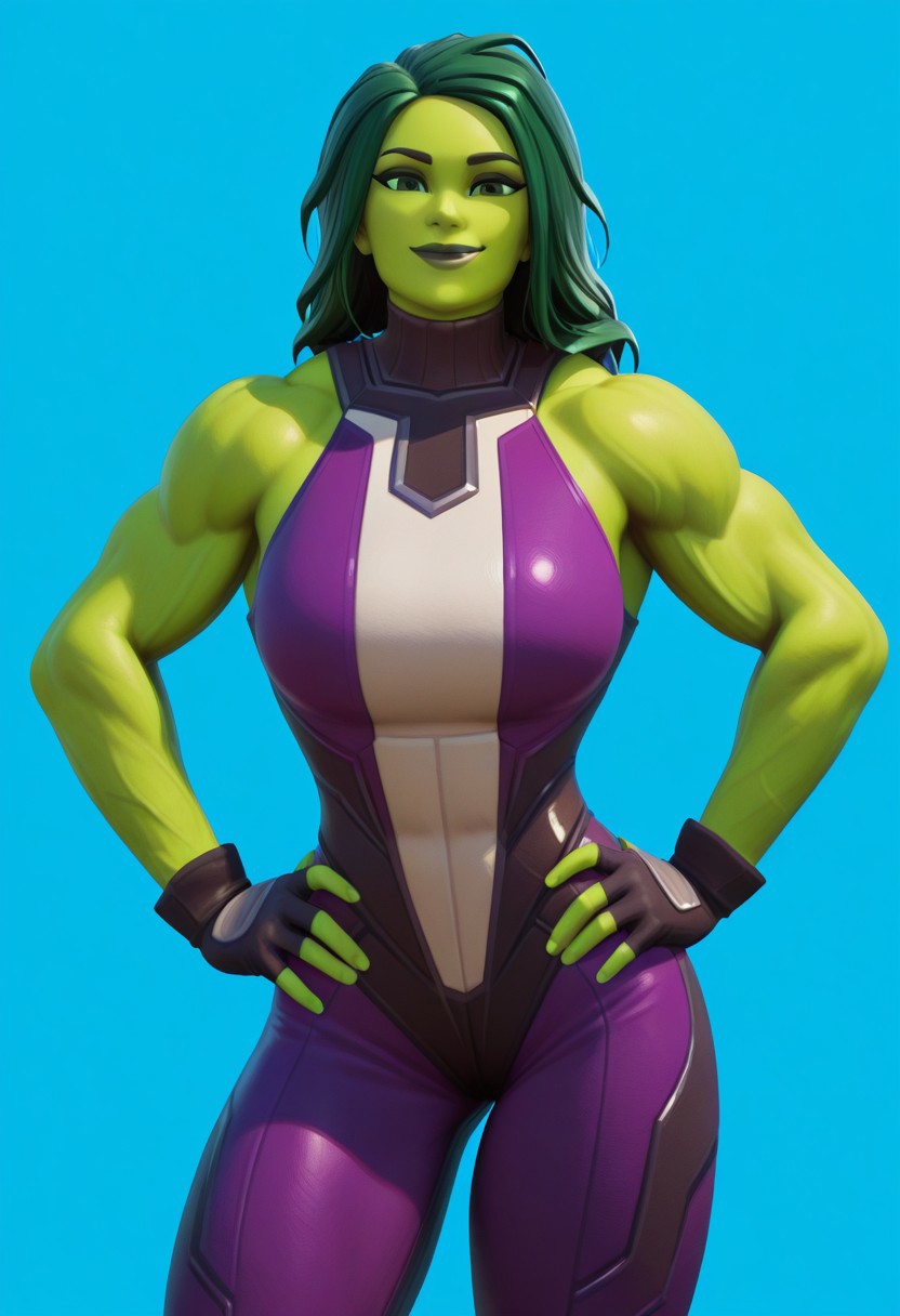 Blue background, simple background, solid color background, 2d, 1girl, solo, Marvel, Fortnite, SheHulk, muscular female, toned female, colored skin, green skin, green-skinned female, green eyes, green hair, long hair, sleeveless, bodysuit, fingerless gloves, Upper body, front view, hands on hips, looking at viewer, smug expression, smirk, green lips, big breasts, thick thighs