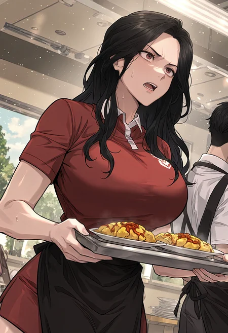 masterpiece, best quality, amazing quality, very aesthetic, absurdres, newest, scenery, 1girl, (solo:1.1), huge breasts, serious, open mouth, <lora:Baek Chaerin illustxl:0.9> black hair, long hair, brown eyes, red eyes, lips, (forehead:0.8), white polo, (red shirt:1.1), polo shirt, short sleeves, red skirt, black apron, waist apron, miniskirt, school, restaurant, indoors, standing, holding tray, food, plate, looking at another, shiny skin, sweat, anime screenshot, masterpiece, best quality, amazing quality, very aesthetic, absurdres, newest, scenery, volumetric lighting, (colorful:1.1)