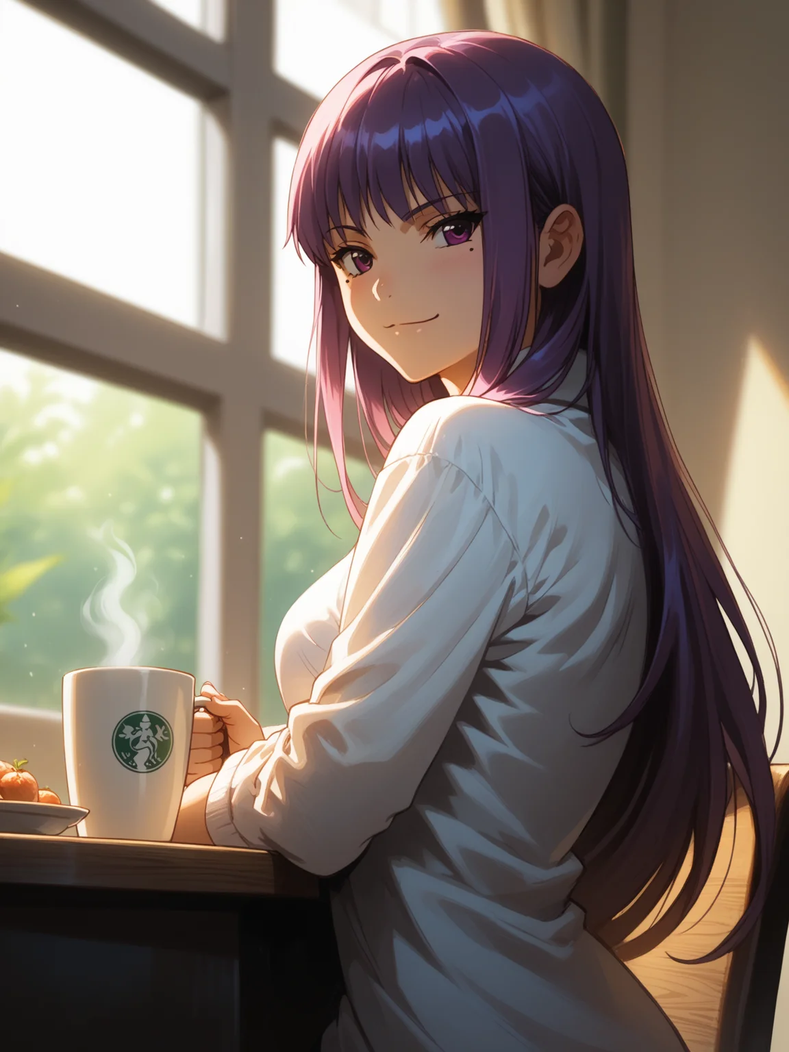 (cowboy shot, solo focus:1.2) <lora:happy_tentacle-fujiko-v0.2-000030:1>, ht_fujiko, mole under each eye, medium breasts (petite:1.2), <lora:Shed_The_Skin's StS_age_slider_v1_initial_release:-1.5> ( :1.1) ( , , ( :1.2) , seductive smile , looking back :1) , indoors, ((dawn :0.6), :0.8), (open window :0.9), (furniture:0.9), , , , , ( :0.9) , izakaya , (chair, table:0.5), (breakfast , coffee :0.8) ( :0.8) score_9, score_8_up, score_7_up, score_6_up, score_5_up, score_4_up, ( [(realistic, photorealistic:1.3):(realistic:1.2):14] [(3d:1.2)::12] :1) <lora:LUUNA's Lunas-NijiJourney-SDXL-B2:0.35>, nijijourney <lora:prgfrg23's Counterfeit-V3.0 Style SDXL_LoRA_Pony Diffusion V6 XL:0.5> <lora:mfcg's mfcgXL:0.12> <lora:reweik's gyokai(himehajime)_PonyXL_style_v01:0.14>