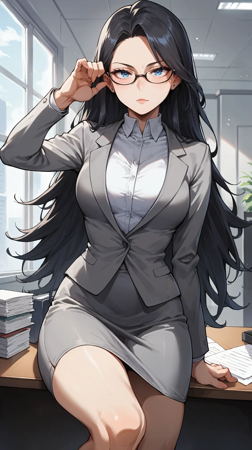 score_9,score_8_up,score_7_up,score_6_up, <lora:xl_more_art-full_v1:0.5>, source_anime, woman, dynamic pose, resting head on hands, <lora:Nemuri Kayama (Midnight) - Pony:0.8>, long hair, black hair, blue eyes, mole under eye, office lady, grey suit, grey skirt, pencil skirt, office, glasses, grey suit jacket,