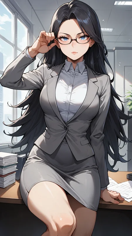 score_9,score_8_up,score_7_up,score_6_up, <lora:xl_more_art-full_v1:0.5>, source_anime, woman, dynamic pose, resting head on hands, <lora:Nemuri Kayama (Midnight) - Pony:0.8>, long hair, black hair, blue eyes, mole under eye, office lady, grey suit, grey skirt, pencil skirt, office, glasses, grey suit jacket,