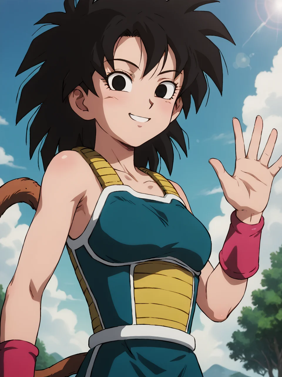 score_9, score_8_up, score_7_up, BREAK, G1n3, 1girl, solo, black hair, black eyes, spiked hair, wristband, monkey tail, saiyan armor, bare shoulders, outdoor, smile, upper body, raise left arm, day, outdoor, waving, looking at viewer, Volumetric Lighting <lora:Gine_P:0.8>