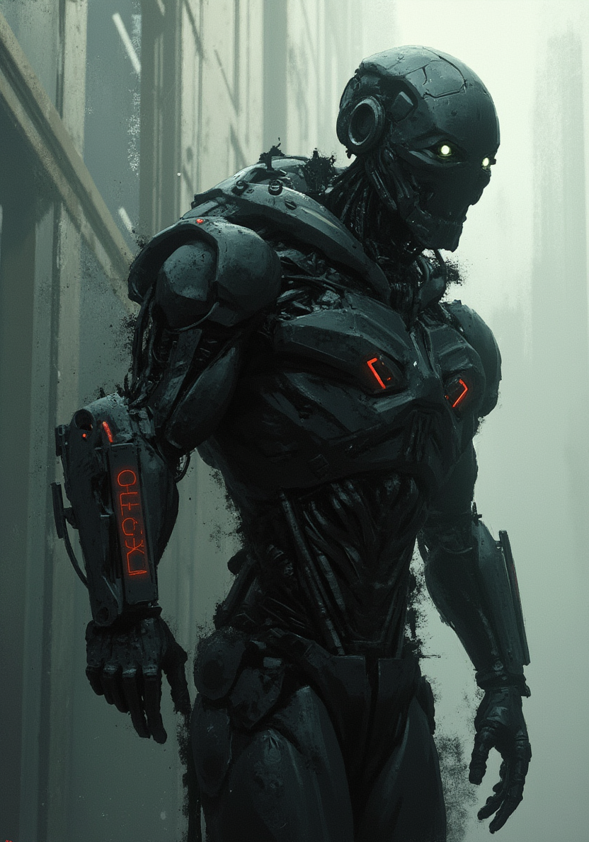 UNI_SCI_FI_CORE An atmospheric and powerful dark fantasy, impressionist classical-style painting of an cyborg man.
