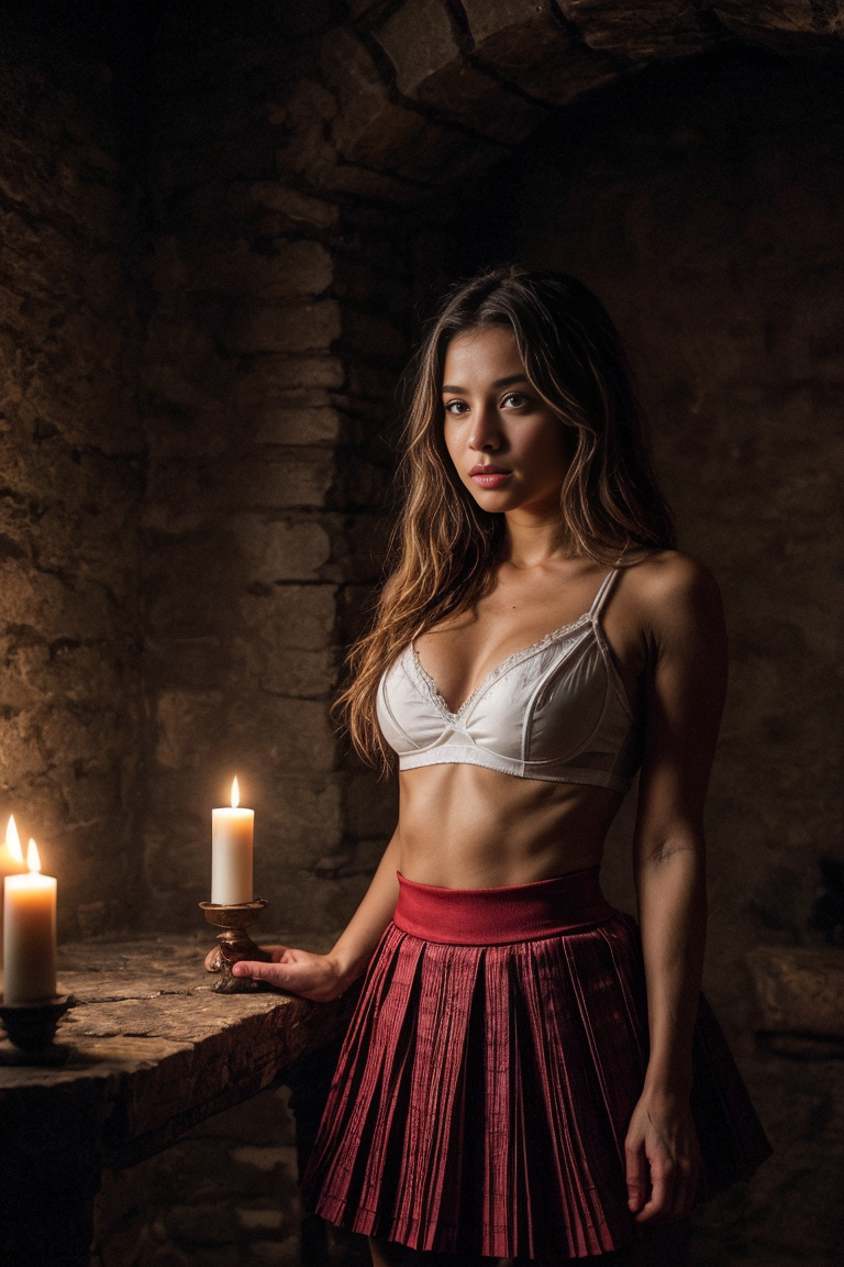 1woman, cute, detailed beautiful, dark dungeon, darkness, low key, old fortress interior, candles, hallowed <lora:DETAIL_SLIDER_BY_STABLE_YOGI:2> Sexy red Pleated skirt, white sports bra, <lora: Sexy Pleated Skirt By Stable Yogi:0.5>