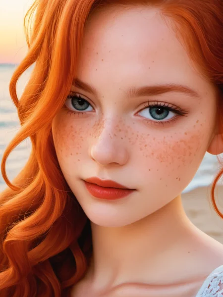 score_9, score_8_up, score_8, 1girl, 18 years old, close-up, long ginger hair, long wavy hair, wearing an off the shoulder long Sleeves crepe dress, cheek dimples, red cheek, with freckles, red lips, flirty looks, shy, on a beach, with a sunset, close-up portrait, high contrast, pink tones, canon 5D Mark IV, photography <lora:Pony_DetailV2.0:1> <lora:pony_better freckles:1.0>
