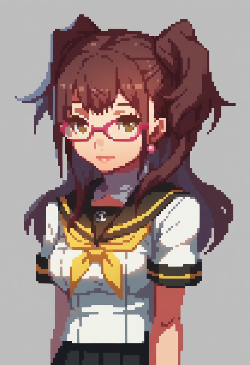 score_9, score_8_up,  detailed,    absurdres, extreme_quality,   anime style,     portrait, upper body portrait, slight side angle,  medium breasts, rpg portrait,  rpg, portrait,  , shadow, plain background, light grey background,  , upper body focus,   face focus, looking at viewer,  slight smile, p4rise, kujikawa, rise, twintails, long hair, brown hair, pink earrings, glasses, pink-framed eyewear, p4rise-sumuni, yasogami school uniform, serafuku, short sleeves, white shirt, skirt, pleated skirt, houndstooth, white sock, loafers,