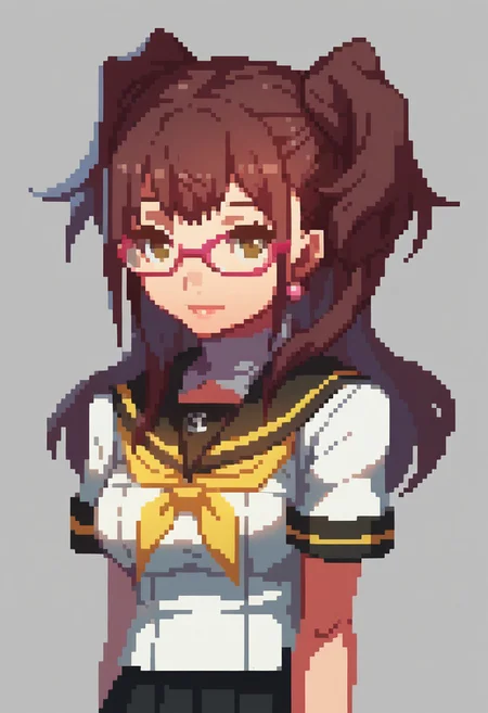 score_9, score_8_up, detailed, absurdres, extreme_quality, anime style, portrait, upper body portrait, slight side angle, medium breasts, rpg portrait, rpg, portrait, , shadow, plain background, light grey background, , upper body focus, face focus, looking at viewer, slight smile, p4rise, kujikawa, rise, twintails, long hair, brown hair, pink earrings, glasses, pink-framed eyewear, p4rise-sumuni, yasogami school uniform, serafuku, short sleeves, white shirt, skirt, pleated skirt, houndstooth, white sock, loafers,