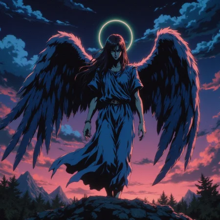 a dark sky with an angel covered in ragged clothes and broken wings  in the style of grainy anime