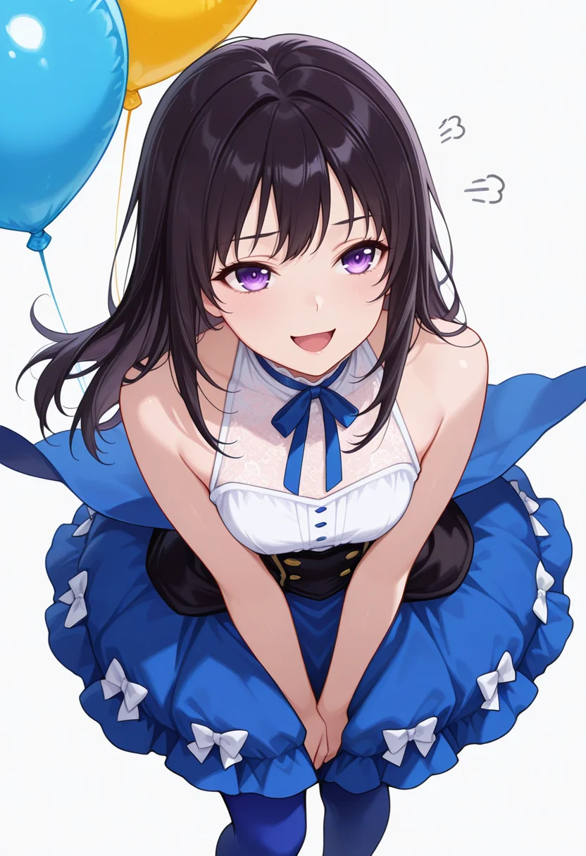 Smooth Quality,masterpiece,very intricate, high quality details, ultra realistic, high detailed skin,detailed enviorement,absurdres,
v arms,:d,
<lora:Yozora_Mikazuki_CNR:0.8> yozora_cnr, 1girl, black hair, long hair, purple eyes,, simple background, white background, from above,solo,, frustrated,torogao,, waist cape,girdle,balloon skirt, ,blue pantyhose,