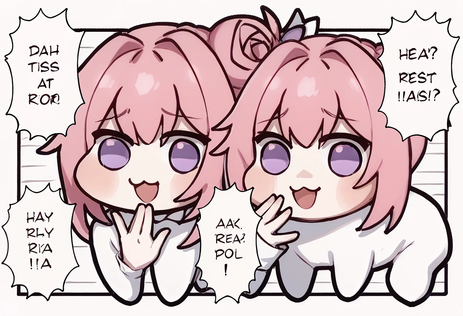 score_9, score_8_up, score_7_up, score_6_up, score_5_up, score_4_up, BREAK,  <lora:ezmodev1:1>, 2girls, smile, ezmode, hand up, speech bubble, 
 <lora:Doro_X_PDXL_V1:1> doro, creature, :3, chibi, pink hair, purple eyes, hair bun, hair bow, no humans, white skin, solid circle eyes, no pupils