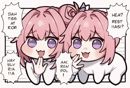 score_9, score_8_up, score_7_up, score_6_up, score_5_up, score_4_up, BREAK, <lora:ezmodev1:1>, 2girls, smile, ezmode, hand up, speech bubble,
<lora:Doro_X_PDXL_V1:1> doro, creature, :3, chibi, pink hair, purple eyes, hair bun, hair bow, no humans, white skin, solid circle eyes, no pupils