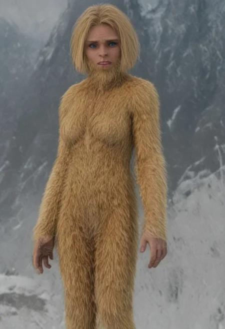 source_cartoon, cartoon_source, bigsquatch, clover \(totally spies\), blonde hair, short hair, blue eye, on a mountain, torn red bodysuit, blonde fur, female bigfoot, sasquatch, looking at viewer, breasts, sad gaze, detailed face, hairy body, detailed eyes, (detailed hands), detailed fingers, Shallow Depth of Field, hairy, FURRY BODY, yeti, (abominable snowman),  very big feet,  beard, covered in yellow fur,