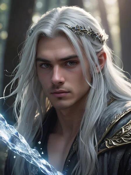 absurdres,masterpiece,sharp focus,extreme detail description,male focus,abs, A fantasy scene featuring a young guy with long, flowing silver hair, surrounded by a magical forest. The scene is filled with glowing crystals and ethereal light, creating a dreamlike and mystical atmosphere. ((Young guy, long silver hair)), magical forest, (glowing crystals, ethereal light), dreamlike atmosphere.