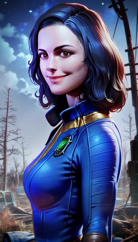score_9,score_8_up,score_7_up,
<lora:nora:0.9>,fo4nora,
realistic,
1girl,solo,black hair,medium hair,brown eyes,smile,
blue jumpsuit,portrait,
outdoors,blurry background,vignetting,post-apocalypse,cloud,barren wasteland,wilderness,dry and desolate ground,dead tree,(night:1.2),starry night,lights particle,lens flare,