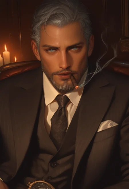 embedding:Illustrious\Positive\IllusP0s, embedding:Illustrious\Positive\IllustriousQual, muses_in_dark, 1boy, male focus, solo, necktie, facial hair, formal, mature male, beard, cigar, suit, short hair, looking at viewer, shirt, grey hair, smoking, watch, dark theme, low light, inconsistent lighting, realistic.