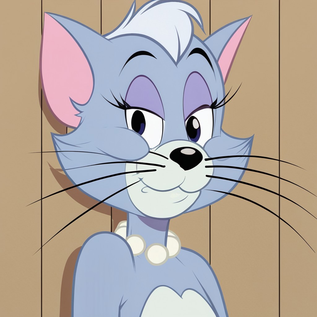 score_9, score_8, score_7, EdnaTJ, furry, pearl necklace, cat, solo, furry, cat, furry female, whiskers, tail, cat ears, upper body, looking at viewer, closed mouth