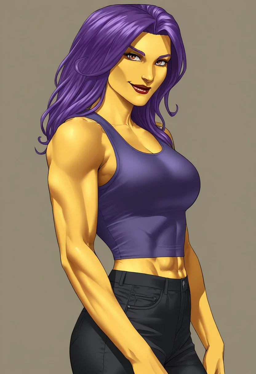 Maxima, Colored Skin, Yellow Skin, Purple Hair, Red Lips, muscular 
1girl, simple background, close up, portrait, looking at viewer, smiling, tanktop 
waist high shop, from the side, cowboy shot