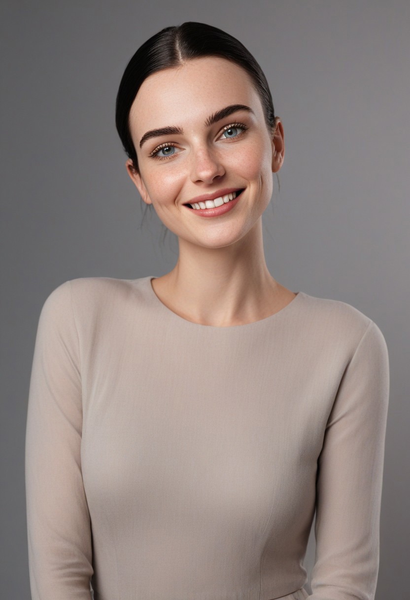 30yo american woman in a photostudio
Modeling High cut, high Quality Dress.
Slight makeup, heavy rimmel. Clear skin.  realistic skin style
Long dark black slick back hair. 
Shooting light, indors, cable light
Studio background.
Winking left eye. Smiling.
Bokeh. Heavy Bokeh light.