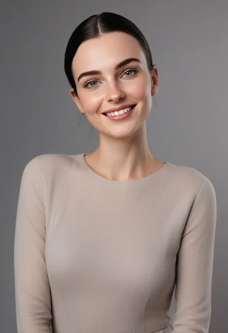 30yo american woman in a photostudio
Modeling High cut, high Quality Dress.
Slight makeup, heavy rimmel. Clear skin.  realistic skin style
Long dark black slick back hair. 
Shooting light, indors, cable light
Studio background.
Winking left eye. Smiling.
Bokeh. Heavy Bokeh light.