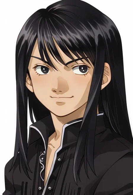 score_9, score_8_up, score_7_up, source_anime, 1girl, solo, smile
<lora:zs_SoulHackersPortraitsXL:1> soulhackersportraits, portrait, white background,
<lora:Yuri_Lowell:1> lowell, male focus, black hair, long hair, black eyes, shirt, black shirt, rolled up sleeves,