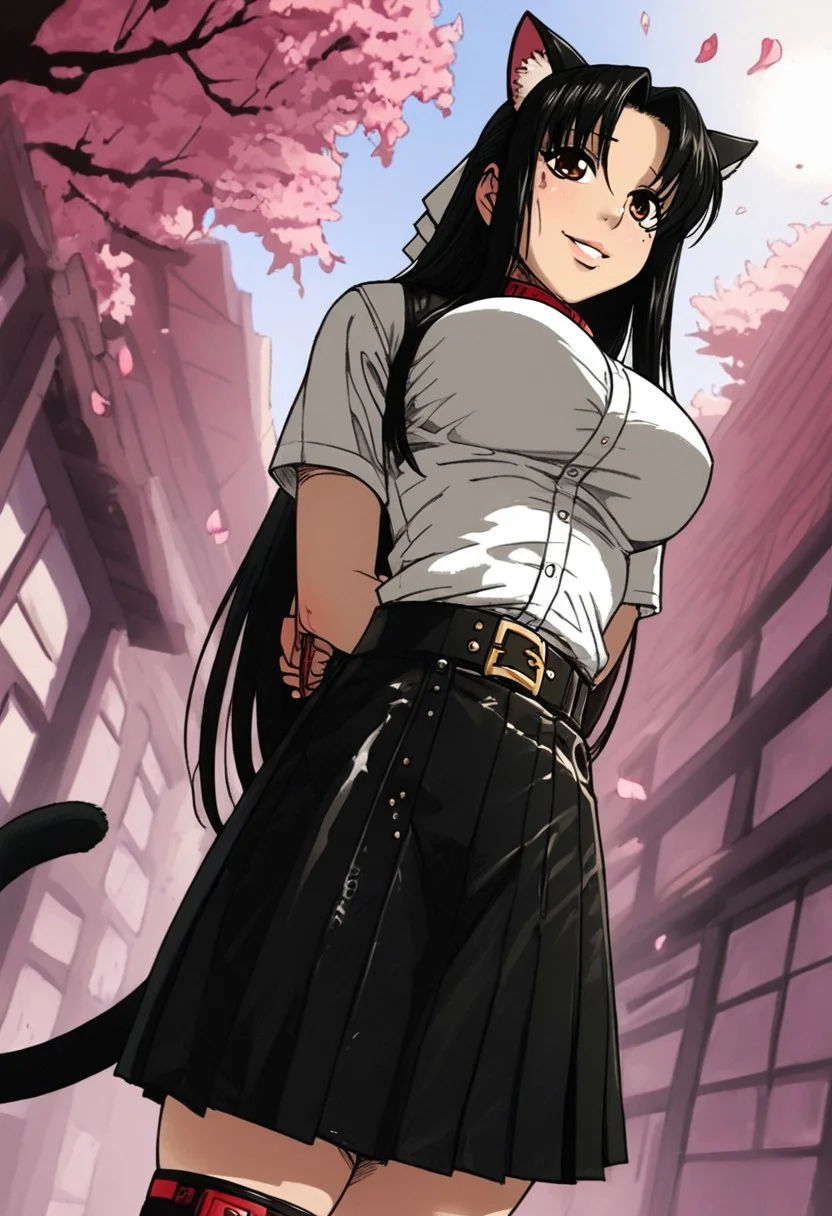 Score_9, score_8_up, score_7_up , source_anime <lora:TER_Pony_1.1-000020:0.8> outside, sakura alley, sakura blossoms, falling sakura flowers in the wind
BREAK 1girl, chigusa nana, long hair, black hair, parted bangs, hair bow, brown eyes, white bow, mole under eye, large breasts, pokies notable, red collar, lewd smile, white shirt, button undone, cat ears headband, black skirt, cat tail from behind the skirt, high leather bootsteasing, Hands tied behind back. skindentation, dynamic angle, from below, detailed, detailed facial features, h4ndstiedbehind, wrists crossed
BREAK ((outside, sakura alley, sakura blossoms, falling sakura flowers in the wind, sakura flowers on the floorposing))), very sunny, nice dreamy atmosphere. sun rays shining detailed background, dynamic lighting, volumetric lighting, shadows, highly detailed, perfect quality, perfect eyes, depth of field, realistic