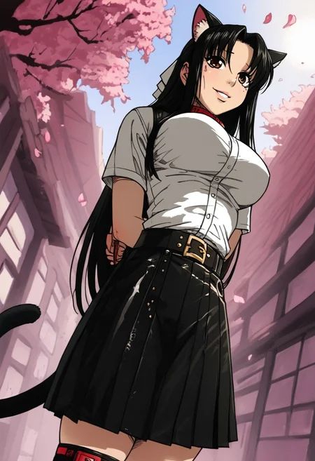 Score_9, score_8_up, score_7_up , source_anime <lora:TER_Pony_1.1-000020:0.8> outside, sakura alley, sakura blossoms, falling sakura flowers in the wind
BREAK 1girl, chigusa nana, long hair, black hair, parted bangs, hair bow, brown eyes, white bow, mole under eye, large breasts, pokies notable, red collar, lewd smile, white shirt, button undone, cat ears headband, black skirt, cat tail from behind the skirt, high leather bootsteasing, Hands tied behind back. skindentation, dynamic angle, from below, detailed, detailed facial features, h4ndstiedbehind, wrists crossed
BREAK ((outside, sakura alley, sakura blossoms, falling sakura flowers in the wind, sakura flowers on the floorposing))), very sunny, nice dreamy atmosphere. sun rays shining detailed background, dynamic lighting, volumetric lighting, shadows, highly detailed, perfect quality, perfect eyes, depth of field, realistic