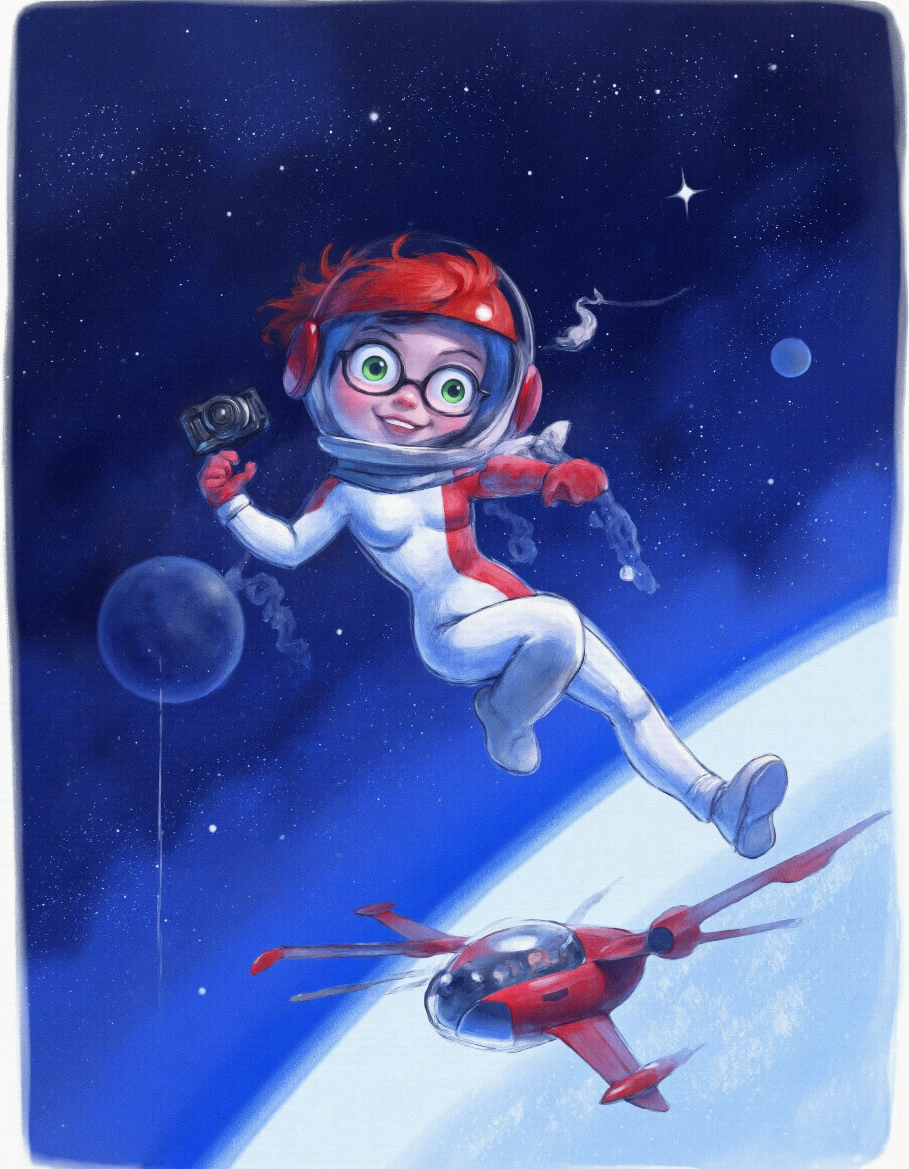 <lora:kazak:1>, This image is a digital drawing in a whimsical, cartoonish style. It depicts a young, red-haired girl with large, expressive green eyes and glasses, floating in space. She is wearing a white, form-fitting spacesuit with red accents and a red helmet with a transparent visor. Her spacesuit includes gloves and boots, and she holds a camera in her right hand. The girl has a joyful expression on her face, suggesting she is enjoying her space adventure., 
In the background, the girl is surrounded by a deep blue, star-filled expanse of space. There is a small red spaceship with a sleek, futuristic design, resembling a jet with wings, floating next to her. The spaceship has a transparent dome on top, and its wings are extended. A small planet and a star are visible in the distance, adding to the cosmic setting., 
The drawing has a slightly textured background with subtle brush strokes, giving it a painterly feel