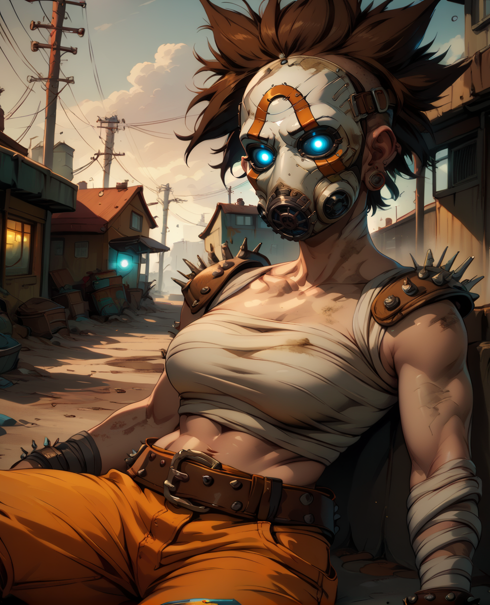 score_9,score_8_up,score_7_up,score_6_up,
fempsycho,bald,glowing eyes,earrings,mask,belt,sarashi,bandages,close up,toned,dirty, orange pants, 
sitting,    brown hair,  spiked hair,    
wasteland,dusk,town,<lora:DemPsycho:0.9>,