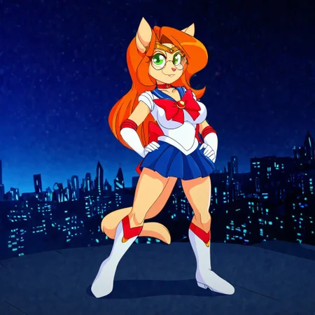K4tr1n4,1girl,solo,furry,furry female,cat girl,cat ears,orange hair,long hair,green eyes,round eyewear,snout,animal nose,body fur,cat tail, sailormooncosplay, forehead_tiara, back bow, sailor collar, skirt, boots, bow, brooch, choker, elbow gloves, gloves, jewelry, knee boots, white boots, pleated skirt, sailor senshi uniform, skirt, white gloves, outdoors, city, night