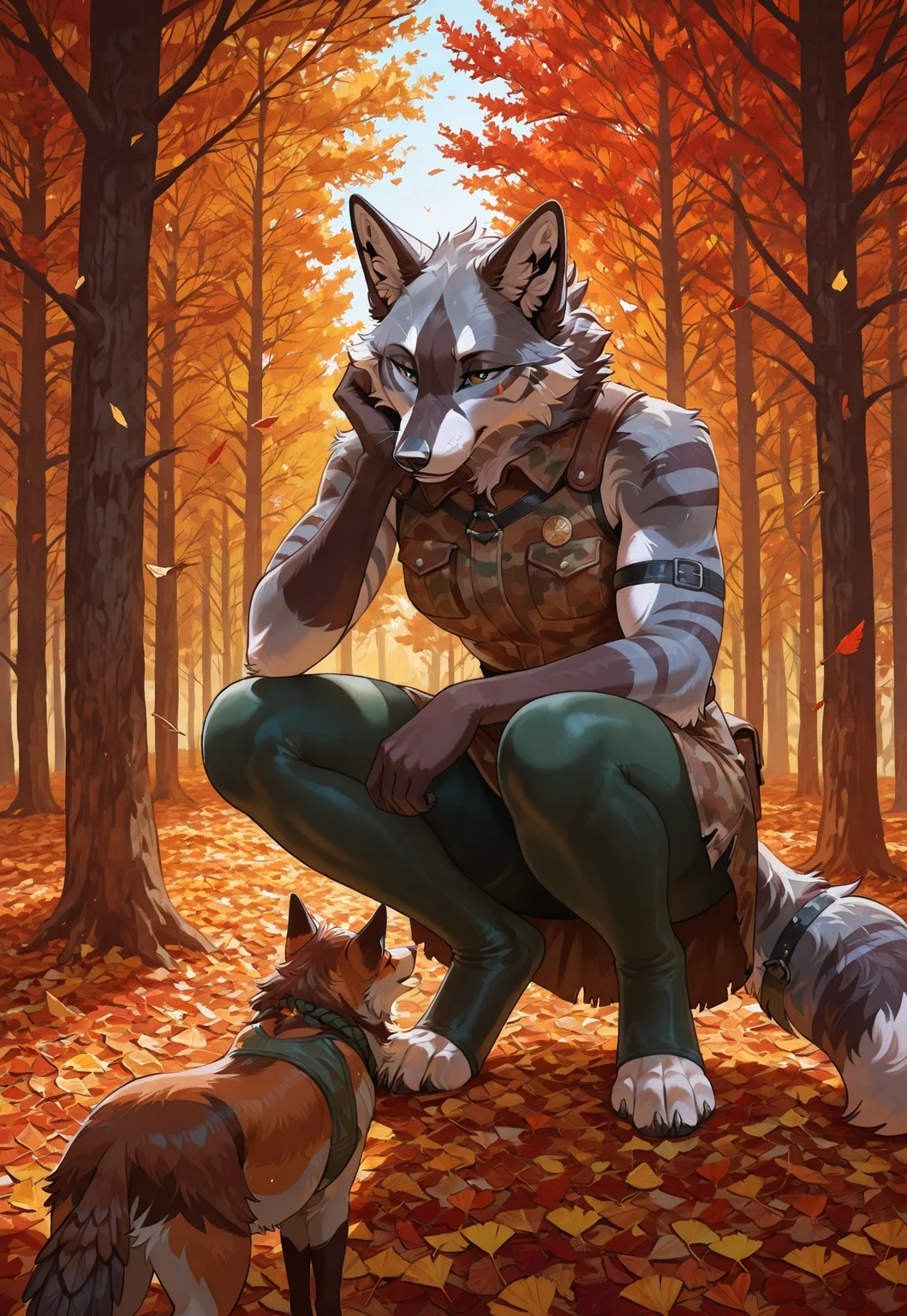 Artistic style, furry, anthro,A stealthy female fox fur scout in a simple leather tunic and leggings, crouched low in autumn forest undergrowth. A single eagle feather tied in his headfur. Face painted with camouflage stripes (brown/green). He grips a hunting bow, eyes sharp, observing unseen prey. Fallen leaves, misty morning. Style: Focus on stealth, naturalistic but stylized colors (autumn palette), detailed fur texture, sense of alertness and connection to wilderness. Mood: Cunning, patient, hunter-gatherer archetype.