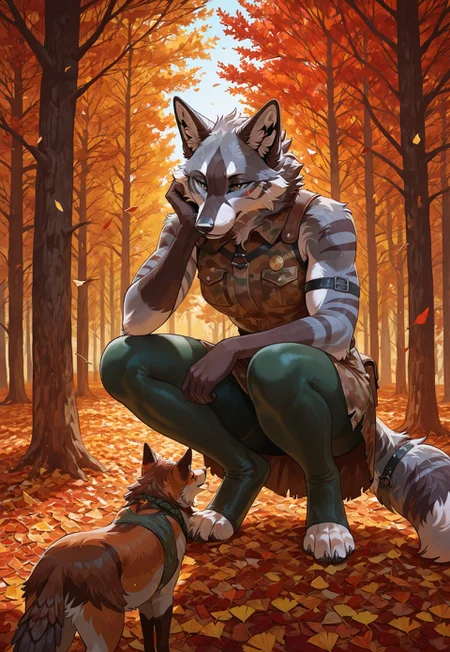 Artistic style, furry, anthro,A stealthy female fox fur scout in a simple leather tunic and leggings, crouched low in autumn forest undergrowth. A single eagle feather tied in his headfur. Face painted with camouflage stripes (brown/green). He grips a hunting bow, eyes sharp, observing unseen prey. Fallen leaves, misty morning. Style: Focus on stealth, naturalistic but stylized colors (autumn palette), detailed fur texture, sense of alertness and connection to wilderness. Mood: Cunning, patient, hunter-gatherer archetype.