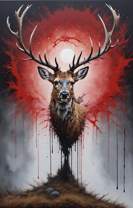 surrealist avant-garde, nature photography, [ a dark-hued tree, branches : the head of a majestic deer, intricate antlers : 4], crimson moon, <lora:MS_AcrylicArt_V1_SDXL:0.8> acrylic_painting, painting, brush strokes, paint drops, paint splatter