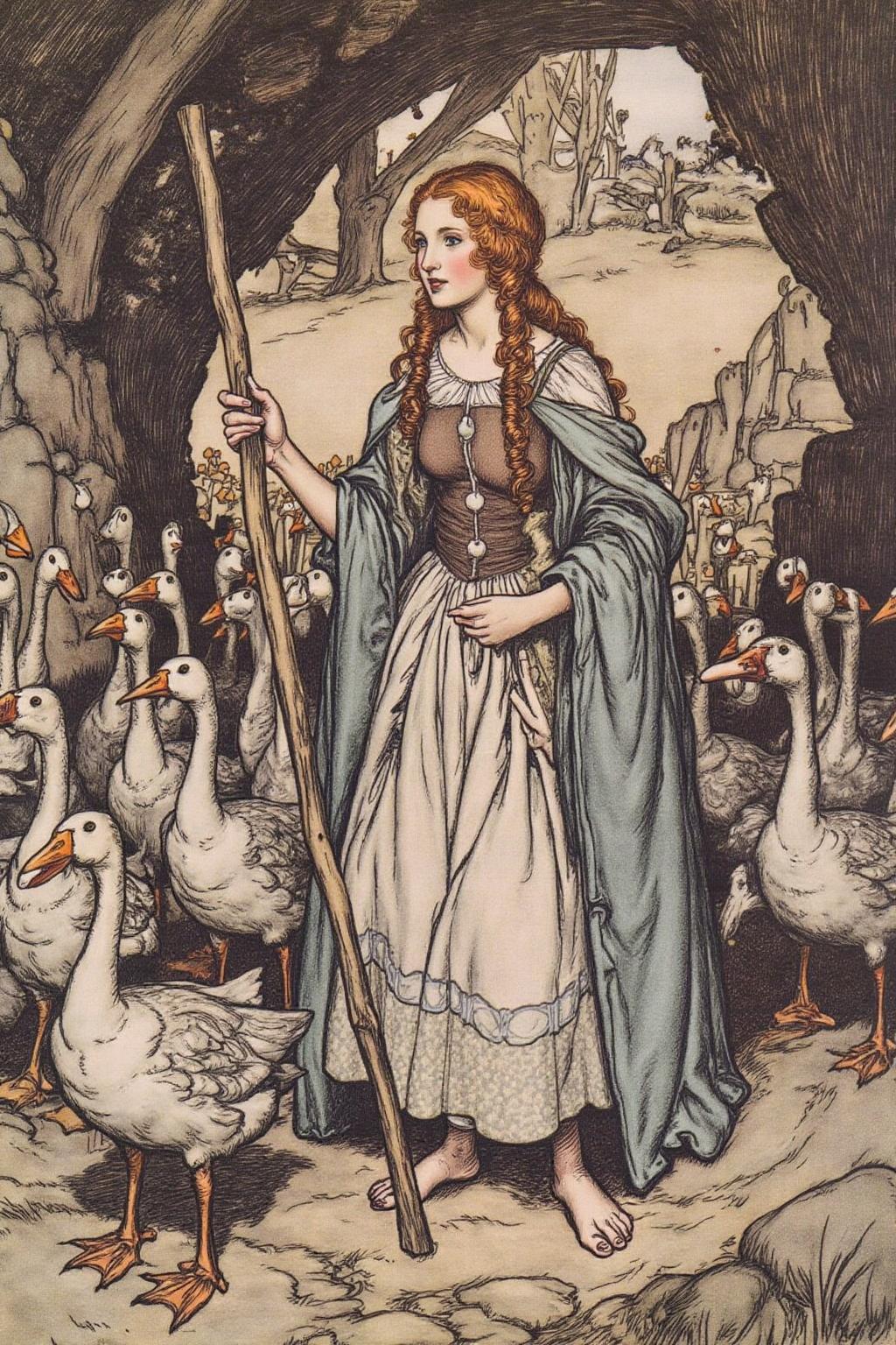 artrack1 illustration.
The scene depicts a young girl standing in a rustic, medieval setting. The girl, with long, curly red hair, is dressed in a traditional peasant outfit consisting of a long, flowing white dress with a brown bodice, a light blue shawl draped over her shoulders, and bare feet. She carries a wooden shepherd's crook in her right hand. 
There is a flock of geese walking in front of her <lora:artrack1_nocap_d6a3:1.0><lora:812485702471123608:0>