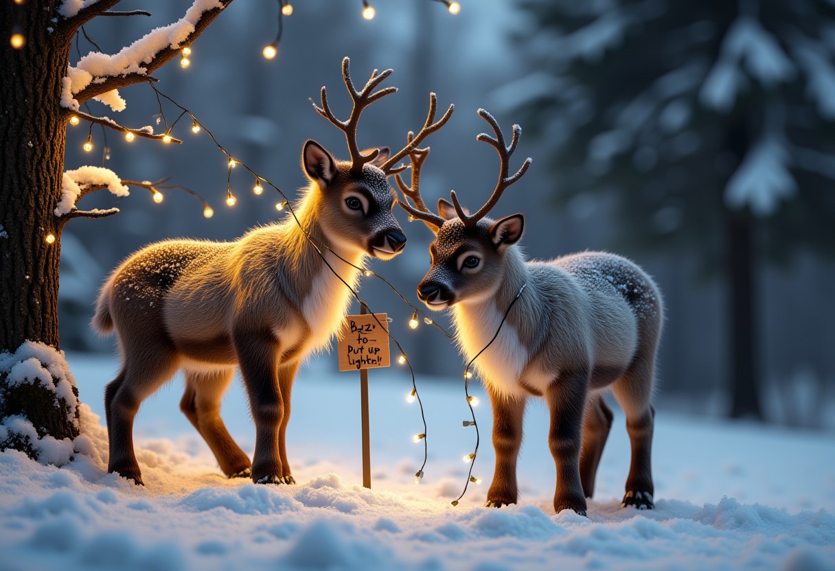 Christmas reindeer putting up strings of lights on trees, one deer looking confused and wrapped in a strig of Christmas lights, ((A sign says "Buzz to put up Lights!!") outside, snowy meadow, snow covered trees in the background, glittery frost and ice, cheerful, magical, detailed fur,
high resolution, detailed, 4k, realism, rule of thirds, golden ratio, depth of field,