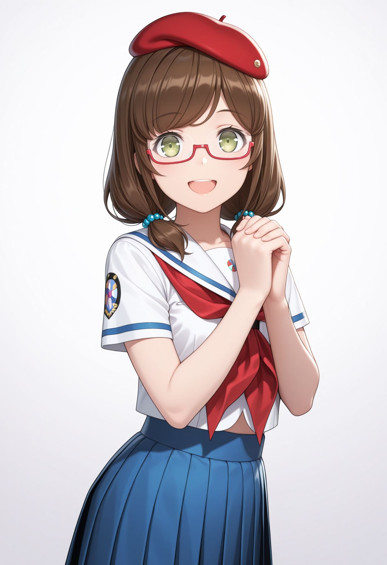 masterpiece,best quality,absurdres,highres,very aesthetic,high quality,detailed,insanely detailed,beautiful,perfect lighting, looking at viewer, looking at viewer, smile, 
 <lora:Momo Aoki:1>1girl, school uniform, hat, brown hair, glasses, serafuku, beret, own hands together, open mouth, pleated skirt, red neckerchief, white background, simple background, looking at viewer, blue skirt, short sleeves, semi-rimless eyewear, low twintails, green eyes, red headwear, hair bobbles, own hands clasped