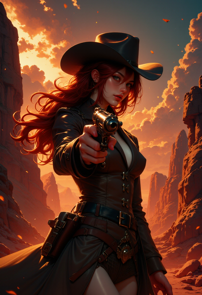 G0thicL1nes, Image is a digital painting with a dramatic and dynamic style, featuring a Western-themed girl. The layout is vertical, focusing on a lone figure in the foreground. The subject is a girl with long, flowing red hair partially obscured by a wide-brimmed cowboy hat. She has fair skin and are wearing a rugged, brown leather coat. The figure holds a large revolver prominently in the foreground, with the barrel pointing towards the viewer, creating a sense of depth and intensity. The background depicts a rocky canyon landscape under a cloudy sky, with warm tones of red and orange contrasting against the dark, stormy clouds. The overall atmosphere is tense and adventurous, capturing the essence of a classic Western scene. light particles, extremely sharp focus, unique artistic composition, (maximum ultra high definition image quality and rendering:3), maximum image detail, maximum realistic render, (((ultra realist style))), realist side lighting, , 8K high definition, realist soft lighting, (amazing special effect:3.5)
  <lora:FluxMythG0thicL1nes:1>