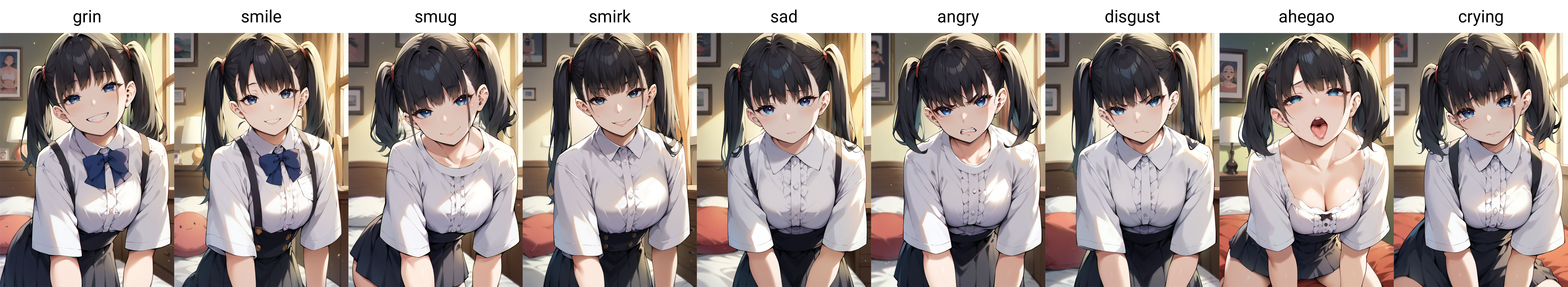 score_9, score_8_up, score_7_up, source_anime, 1girl,blue eyes,twintails, black hair, white blouse,  black skirt, grin,looking at viewer, from front, bedroom,   <lora:Sky-Freedom-Style-PonyXL-Dora-000012:1>