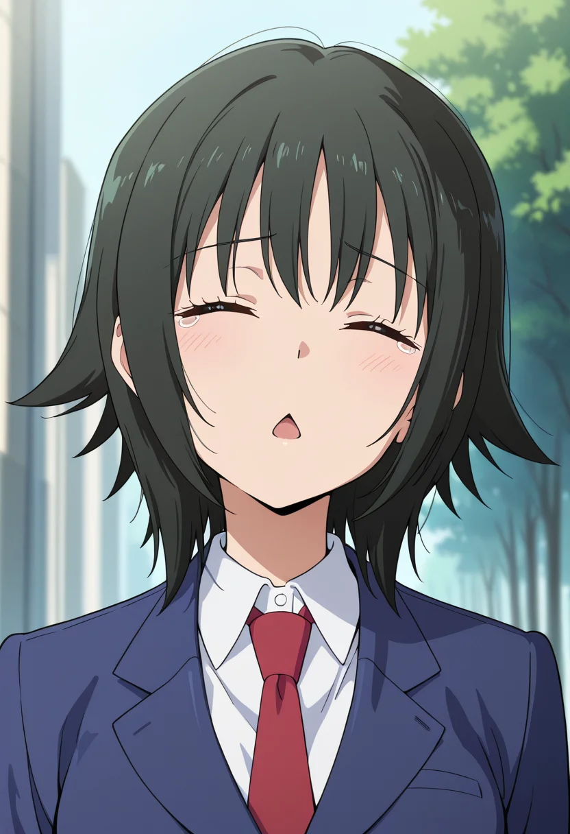 masterpiece, best quality, amazing quality, very aesthetic, absurdres, newest, illustration, perfect composition, intricate details, highres, anime coloring, general, 1girl, solo, (portrait:1.2), atsukoww, black hair, medium hair, medium breasts, triangle mouth, chestnut mouth, closed eyes, tears, school uniform, blue blazer, long sleeves, white collared shirt, red necktie, standing, looking at viewer, smile, outdoors, shiny body, shiny skin, skindentation, clear skin, shiny hair, ultra detailed eyes, depth of field, sharp, intricate details, hyperdetailed, ultra-detailed, detailed clothing folds, high contrast, dynamic light <lora:Atsuko_Minami-Ke_ill:1>