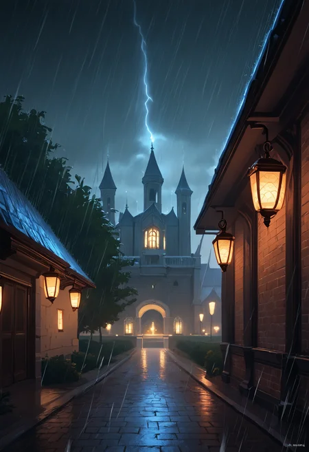 score_9, score_8_up, score_7_up,soft shadows, dark,night,cloudy, rain,storm, heavy rain, heavy-rain BREAK
no humans, mansion, trees, lights inside building, lanterns, beautiful lawn, fountains in front of building, brick walls, wet, wet ground,
<lora:Pony_DetailV2.0:1.0> <lora:Rain (pony) v1:1>