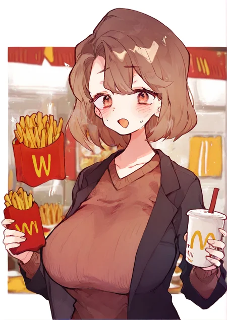 <lora:rimukoro:1.2>,1girl, huge breasts, black jacket, brown eyes, brown hair, brown sweater, cup, fast food, food, french fries, holding, holding cup, jacket, looking at viewer, open mouth, short hair, solo, sweatdrop, sweater, upper body, very awa, masterpiece, best quality,highres, absurdes,amazing quality